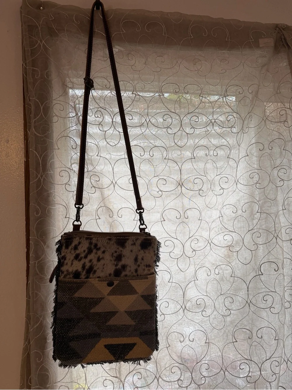 Cowhide & Aztec Pattern Crossbody Bag in Brown and Cream